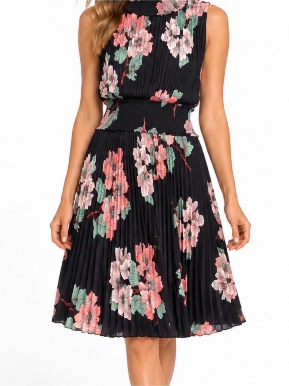 Black Floral Pleated Midi Dress with Pink Accents